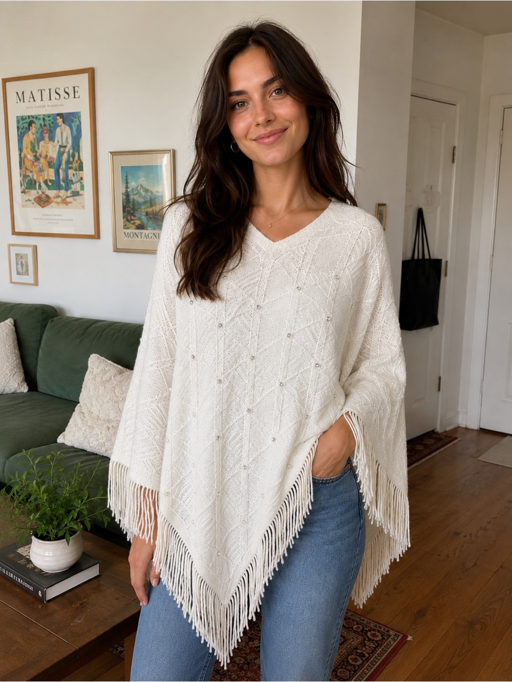 White Knit Fringe Poncho with Stud Details